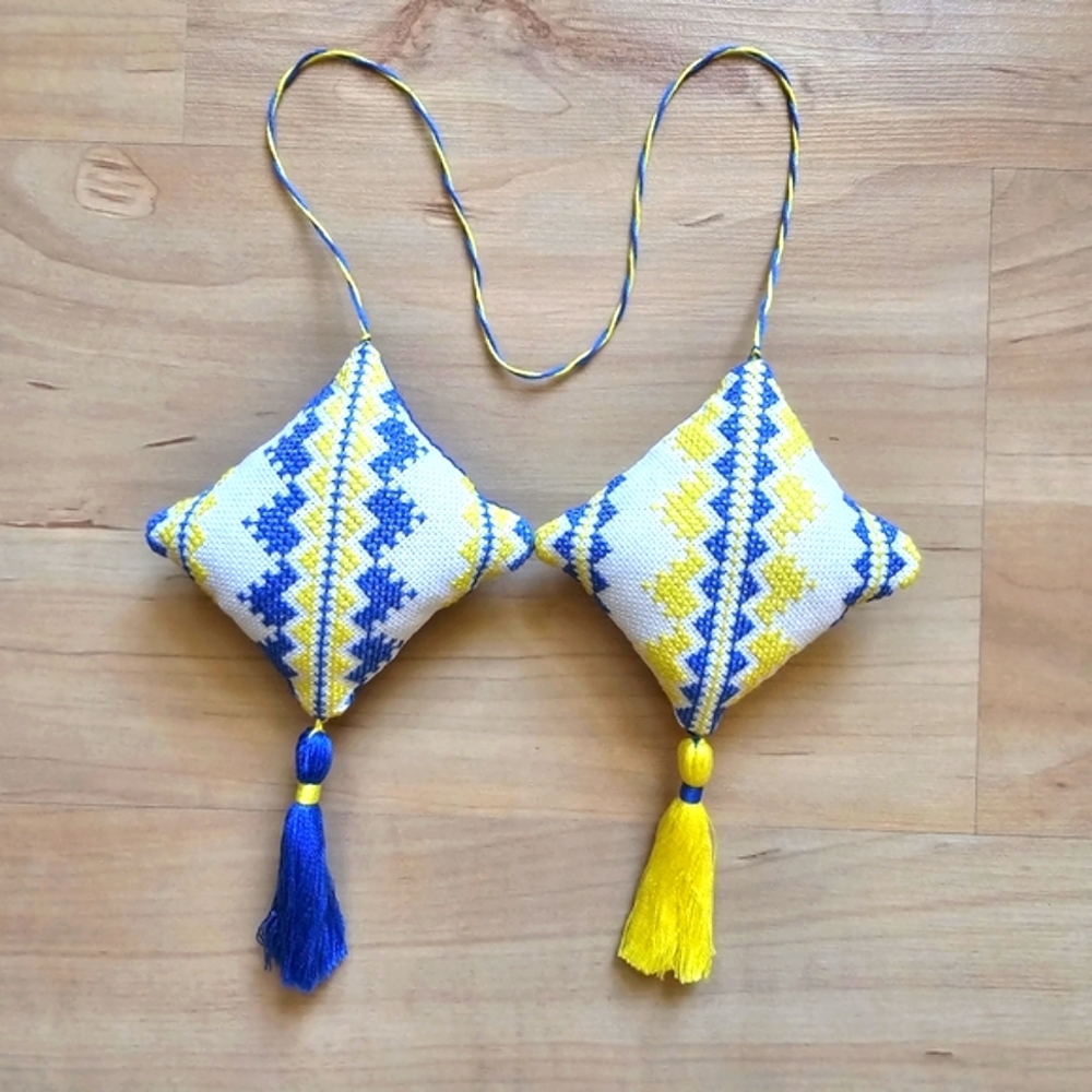 Handmade Cross Stitch Eastern European Pattern 2 Connected  Ornaments